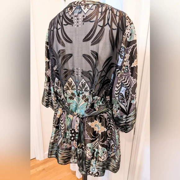 Eci 1X silk burnout tunic top tie backs fit & flare blue brown sheer Boho blouse - Picture 5 of 6